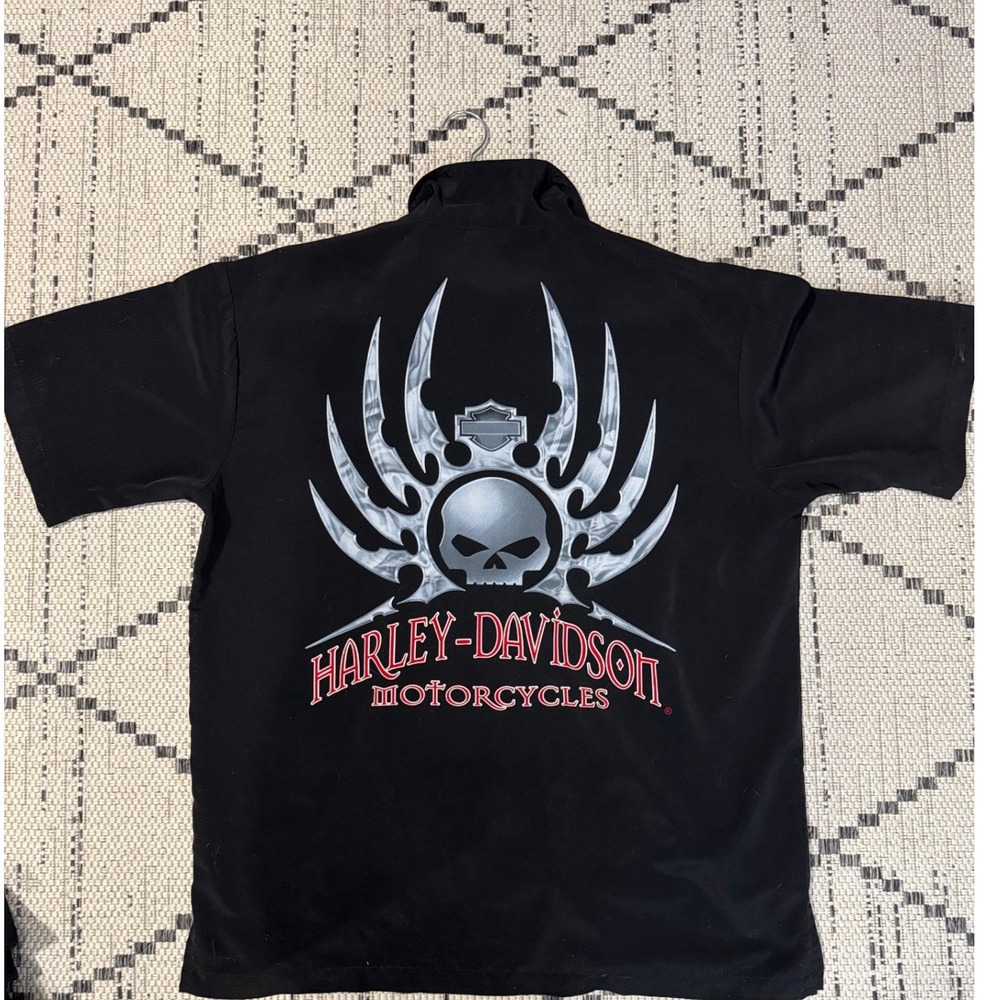 Harley Davidson Skull Flames Button Up Shirt Mens Large‎ Black Short Sleeve 2003